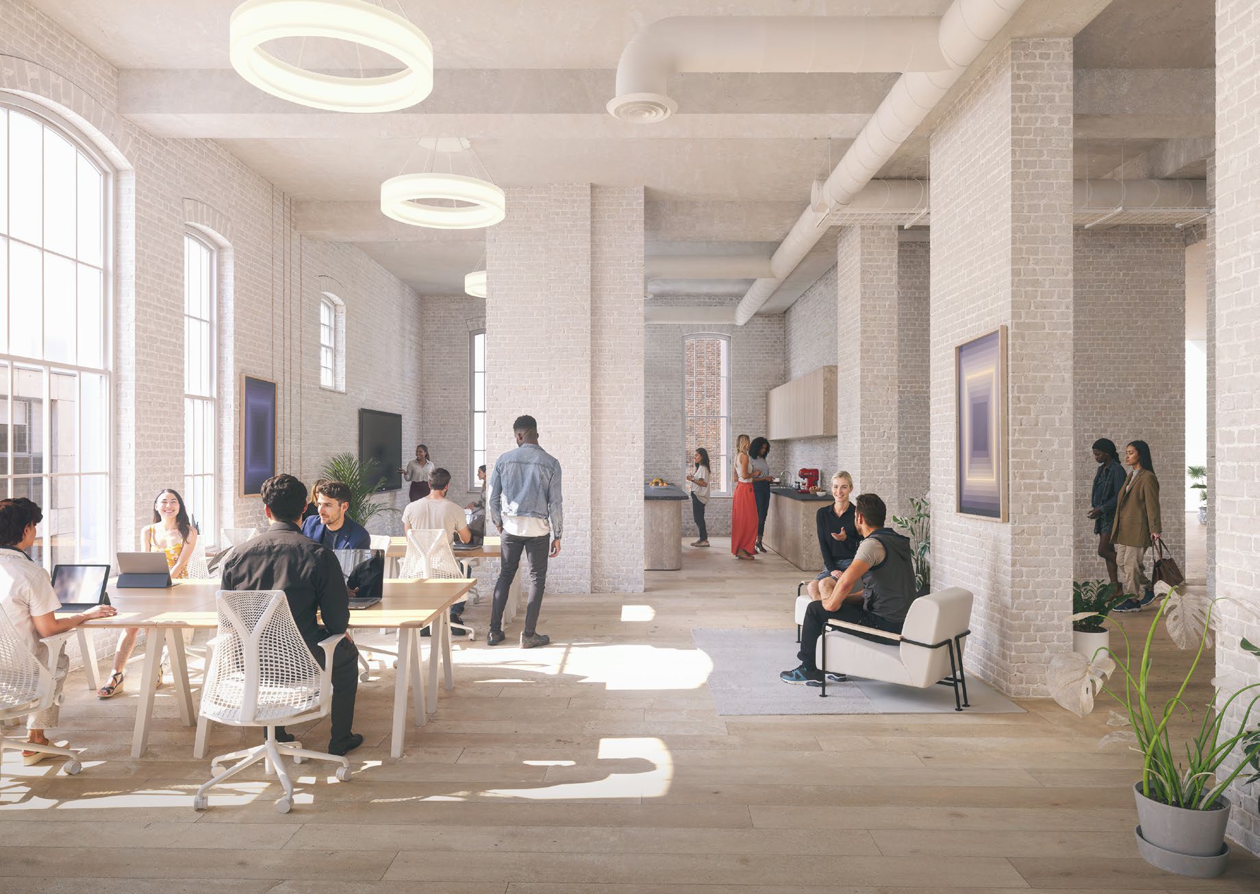 CGI of a restored floor with white brick piers, tall arched windows and people working at tables