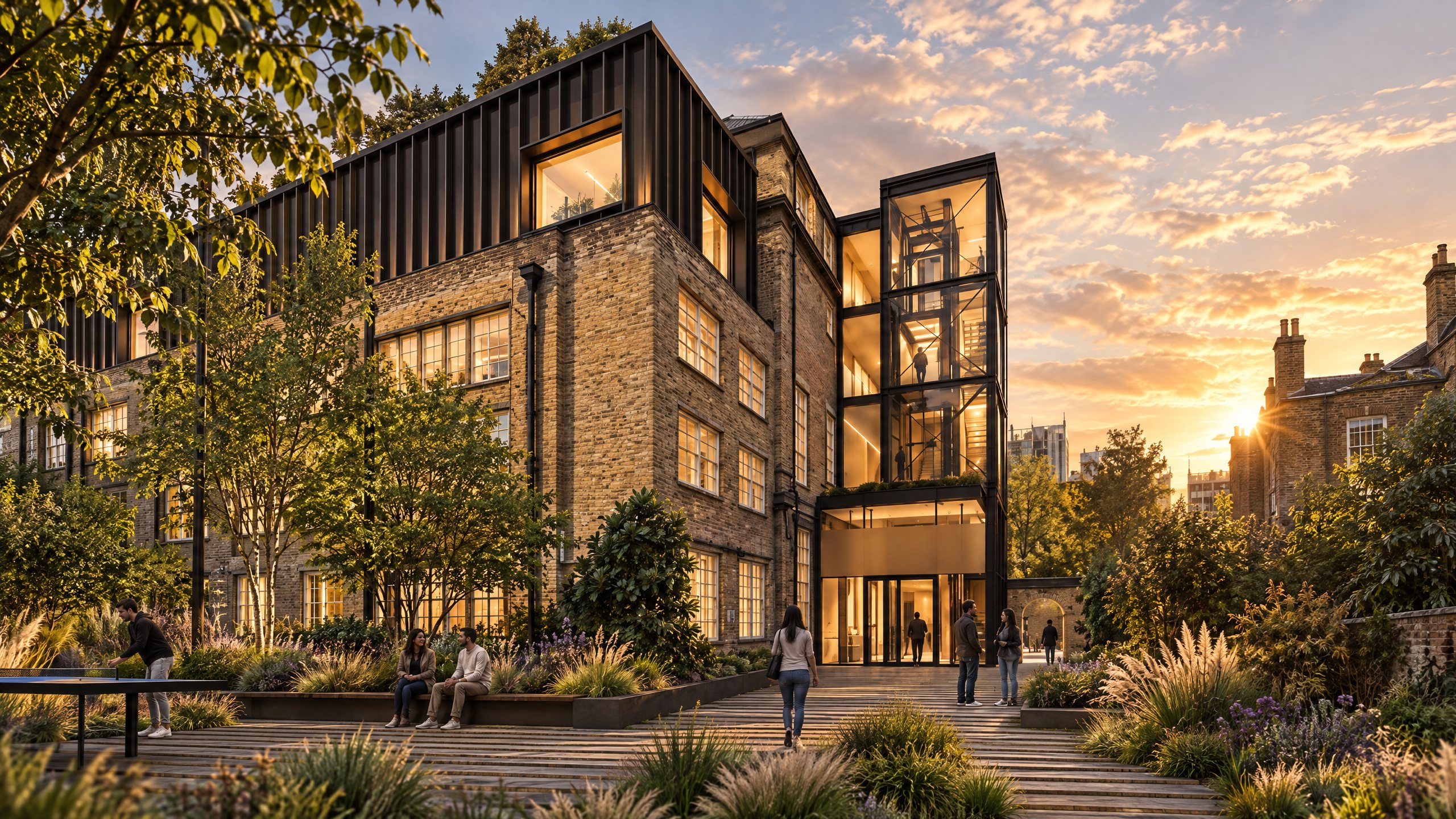 CGI of the restored school at golden hour, with its new metal-clad top storey, glazed lift core and landscaped garden