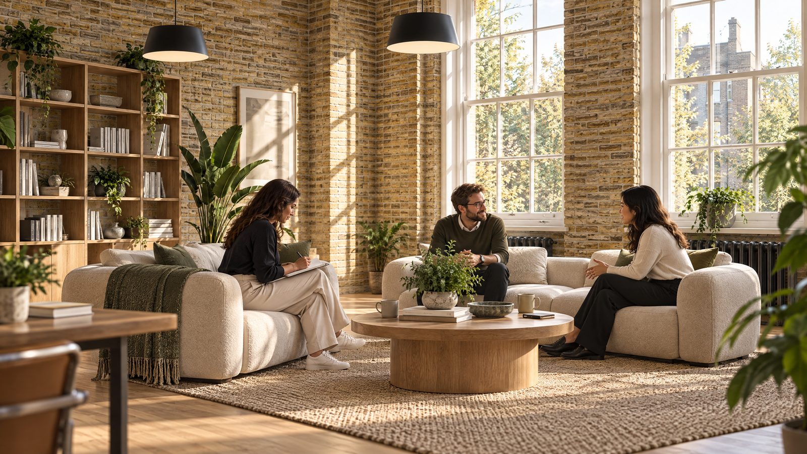 CGI of a lounge with colleagues meeting informally on sofas by tall windows