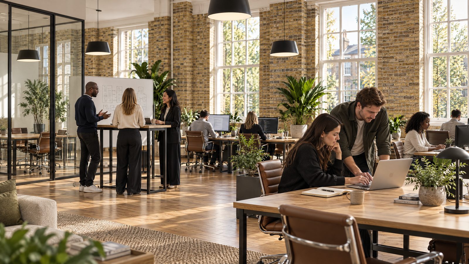 CGI of a team floor laid out with oak desks, glass meeting rooms and tall sash windows