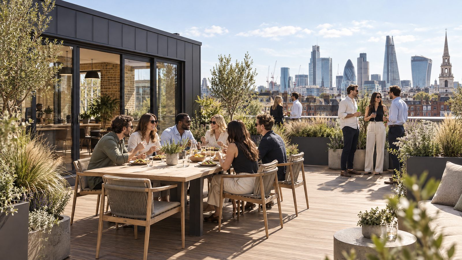 CGI of the roof terrace with colleagues having lunch and the City skyline beyond