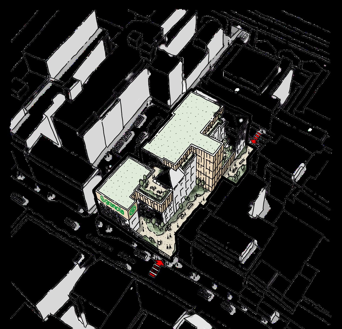 Three-dimensional massing model showing the building among its neighbours