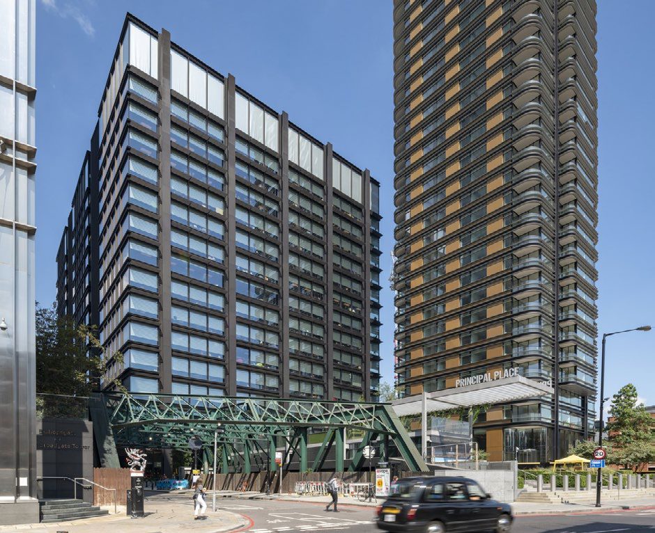 Principal Place, a tall office building with a residential tower behind