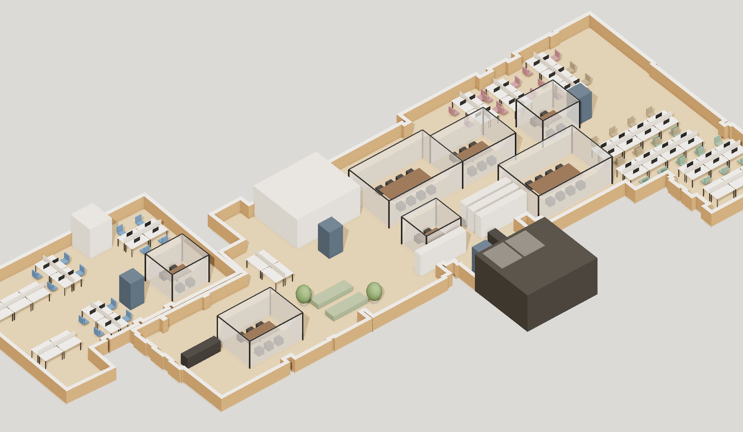 A three-dimensional cut-away of the first floor laid out with desks, glass meeting rooms and breakout space