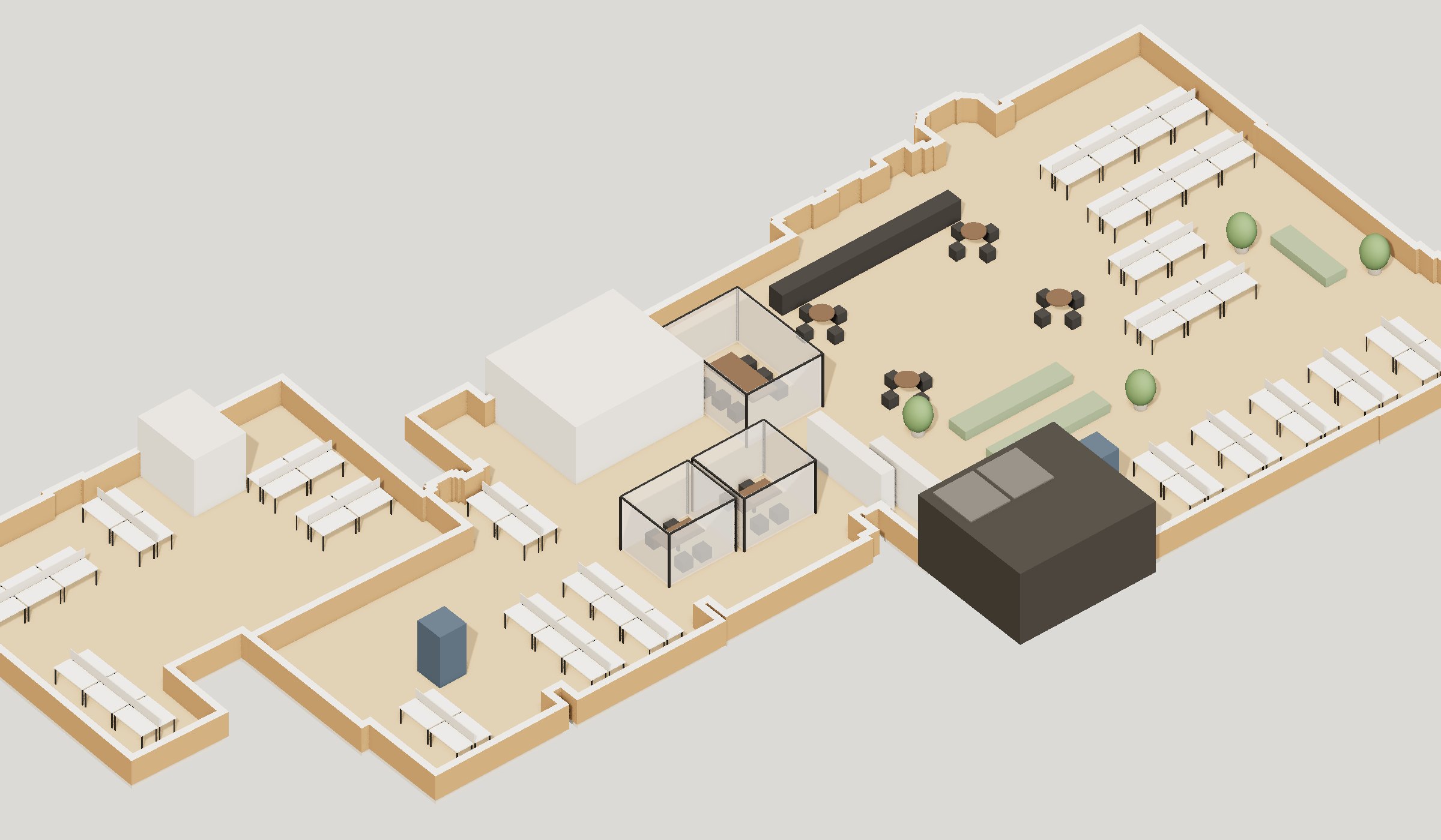 The ground floor laid out as a headquarters, rendered from our 3D model