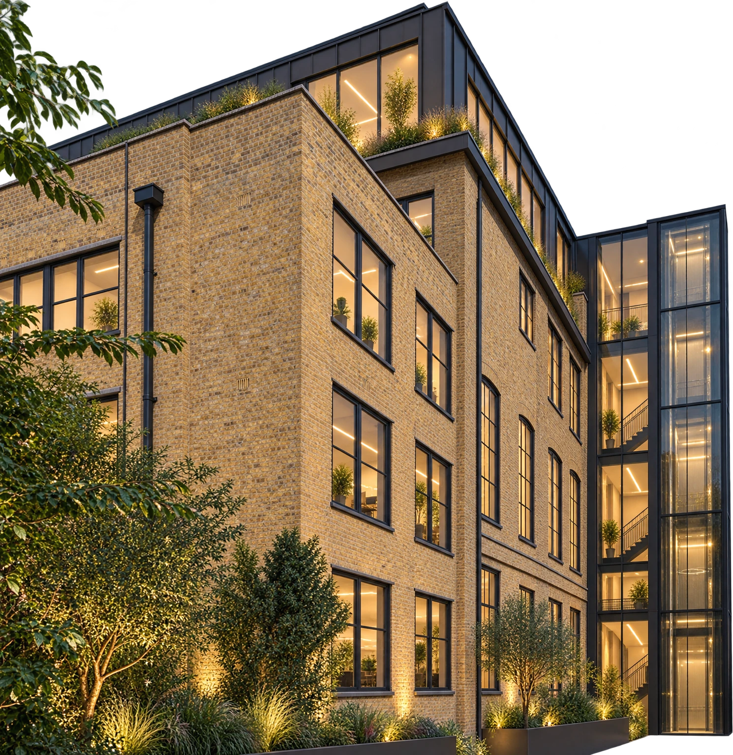 CGI of the school restored as a headquarters, with a new metal-clad top storey, a glazed lift tower and landscaped gardens